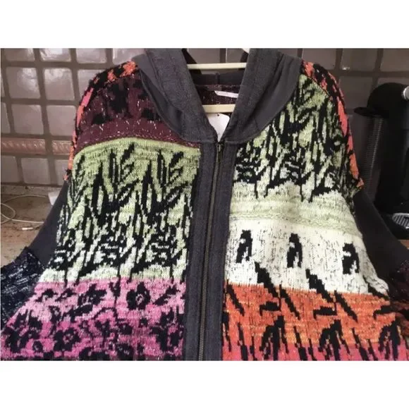 Free People Golden Hour Cardi Jacket Hooded Mixed Knit Piecing Black OrangeGreen - Picture 6 of 7